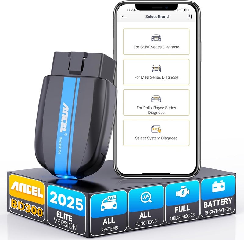 Ancel BD300 BMW Bluetooth OBD2 Scanner, Full System Code Reader and Diagnostic Tool for BMW with Battery Registration Service Reset EPB CBS ETC ABS Airbag & Powerful OBD2 Functions - Image 1